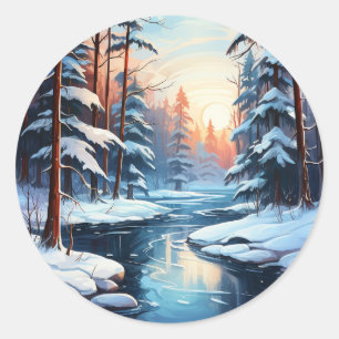 Pegatina Redonda Icy Pond and Pines Christmas Sticker
