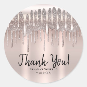 Pegatina Redonda Icy Rosa Rosa Dorado Purpurina de diamantes Drip D