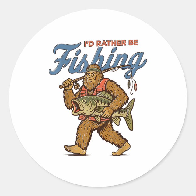 Pegatina Redonda I'd Rather Be Fishing Bigfoot  (Anverso)