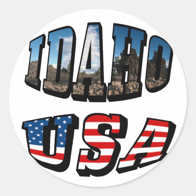 Pegatina Redonda Idaho Picture State and Flag USA Textos (Anverso)