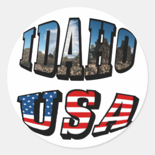 Pegatina Redonda Idaho Picture State and Flag USA Textos