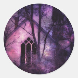 Pegatina Redonda Iglesia abandonada Morada Noche Cielo Arte Digital