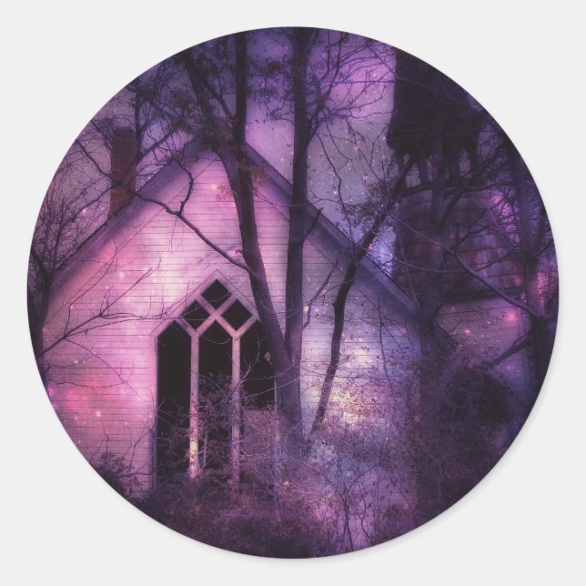 Pegatina Redonda Iglesia abandonada Morada Noche Cielo Arte Digital (Anverso)