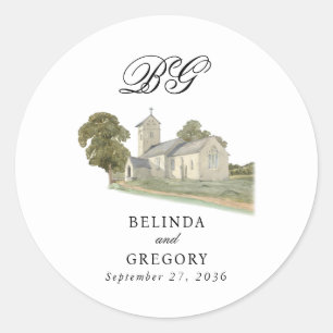 Pegatina Redonda Iglesia acuarela Monograma tradicional Boda