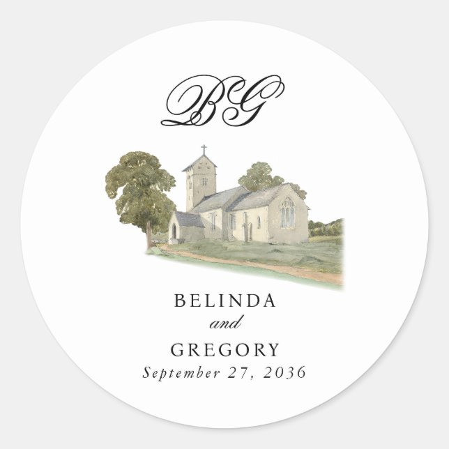 Pegatina Redonda Iglesia acuarela Monograma tradicional Boda (Anverso)