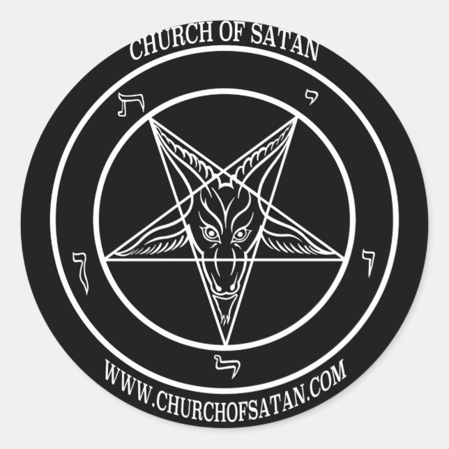 Pegatina Redonda Iglesia de Baphomet Nombre y URL de Satán (Anverso)