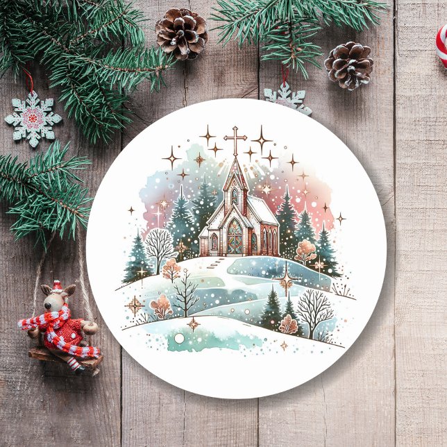 Pegatina Redonda Iglesia de las acuarelas en los Navidades del Día  (Subido por el creador)