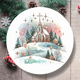 Pegatina Redonda Iglesia de las acuarelas en los Navidades del Día