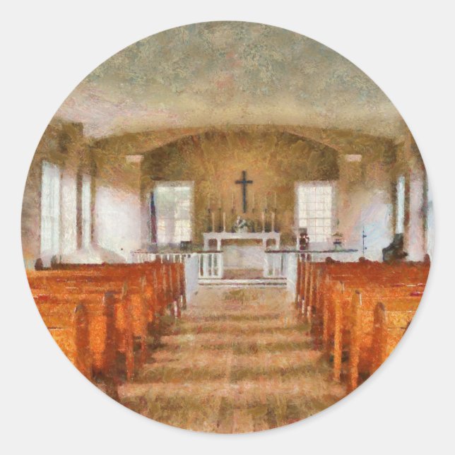 Pegatina Redonda Iglesia - Dentro de una iglesia (Anverso)