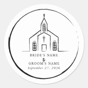 Pegatina Redonda Iglesia Dibujada a Mano Tradicional Caprichosa Bod