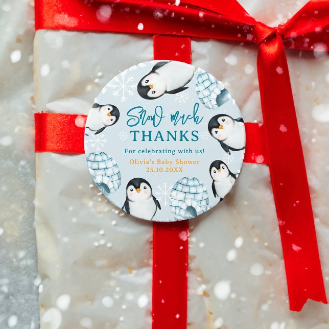 Pegatina Redonda Iglús de nieve de pingüino de invierno ducha de be (Winter penguin igloos snow baby shower thank you classic round sticker)