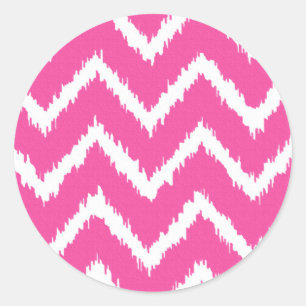 Pegatina Redonda Ikat Chevrons - fucsia profunda rosa y blanca