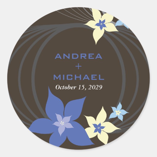 Pegatina Redonda Ikebana Frangipani Boda de Flores Tropicales Azule (Anverso)