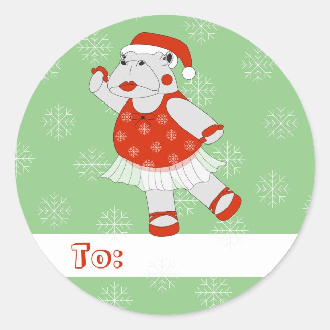 Pegatina Redonda illusima Ballet Hippo Navidad Copos de Nieve Verde (Anverso)