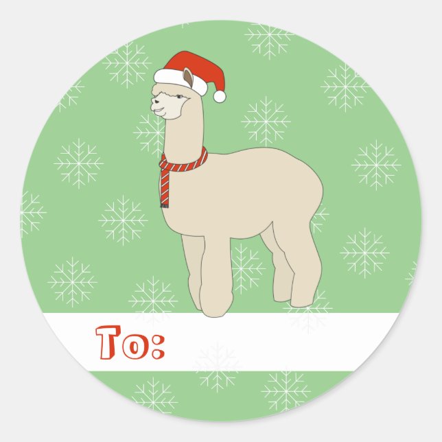 Pegatina Redonda illusima Llama Copos de Nieve de Navidad Verde (Anverso)