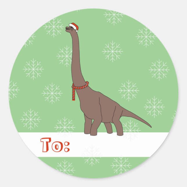 Pegatina Redonda illusima marrón dinosaurio de cuello largo Navidad (Anverso)