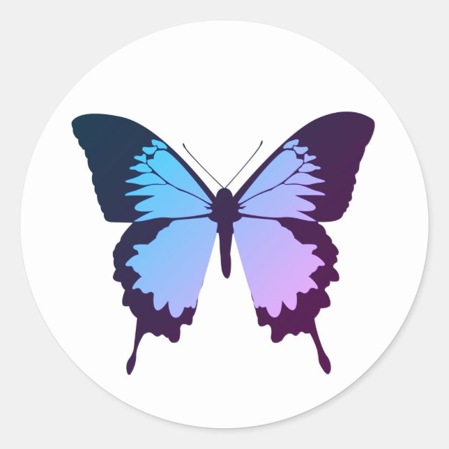 Pegatina Redonda Illusima morada degradado azul mariposa blanco (Anverso)