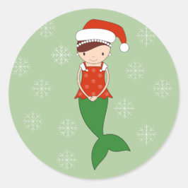 Pegatina Redonda illusima Sirena Navidad Copos de Nieve Verde
