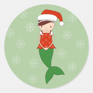 Pegatina Redonda illusima Sirena Navidad Copos de Nieve Verde