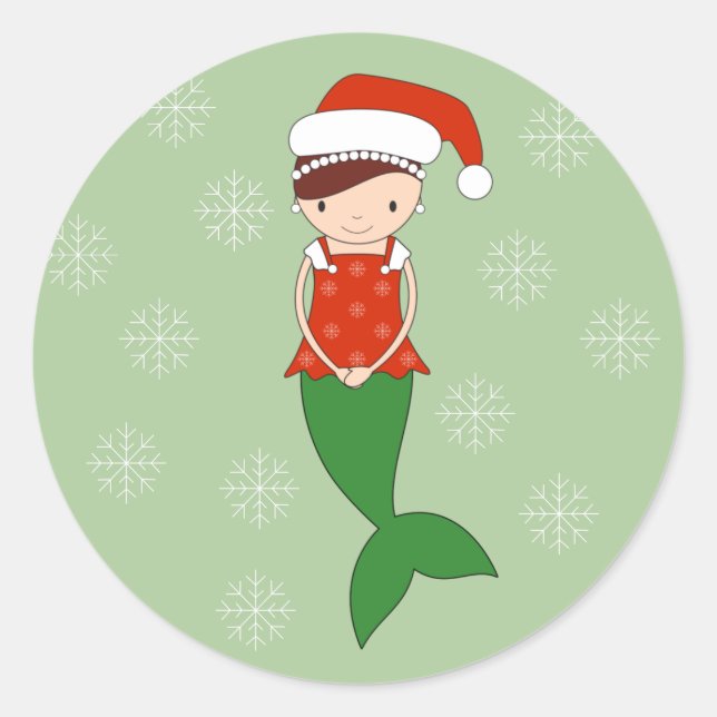 Pegatina Redonda illusima Sirena Navidad Copos de Nieve Verde (Anverso)