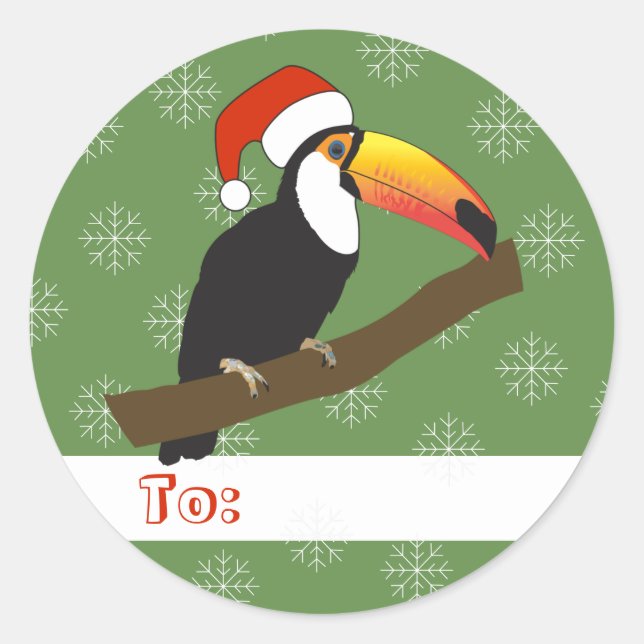 Pegatina Redonda illusima Tucán Navidad Copos de Nieve Verde (Anverso)