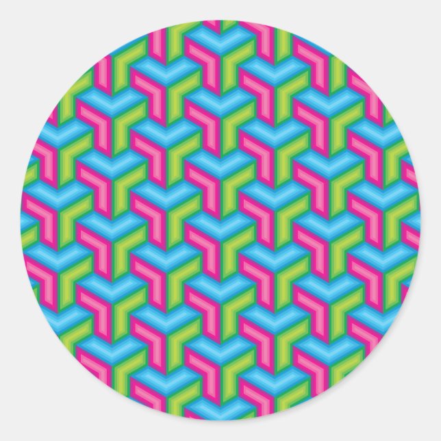 Pegatina Redonda Ilusión Neon Pink Blue Green Green Geométrica Bloc (Anverso)