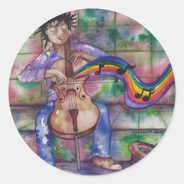 Pegatina Redonda Ilustracion acuático Cello Rainbow de Music (Anverso)