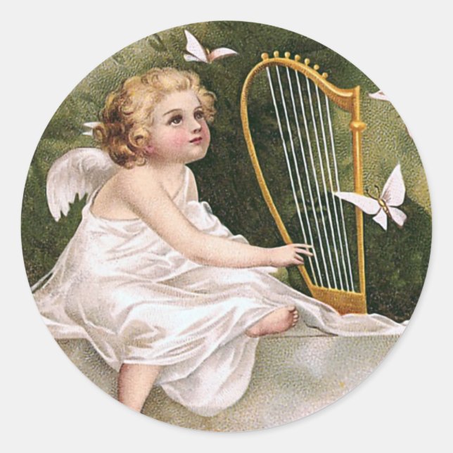 Pegatina Redonda Ilustracion Angel and Harp Vintage (Anverso)