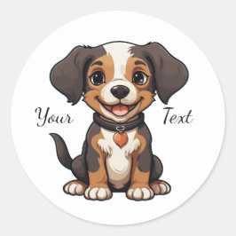Pegatina Redonda Ilustración Animada de Cachorro Feliz Personalizab