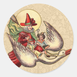 Pegatina Redonda Ilustración Antigüa de Mother Goose Niño