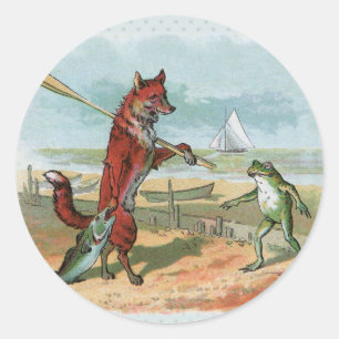 Pegatina Redonda Ilustracion antiguo de pesca de rana Fox