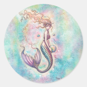Pegatina Redonda Ilustracion artístico de la sirena arcoiris