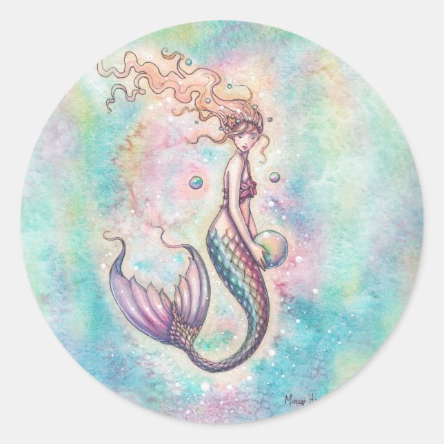 Pegatina Redonda Ilustracion artístico de la sirena arcoiris (Anverso)
