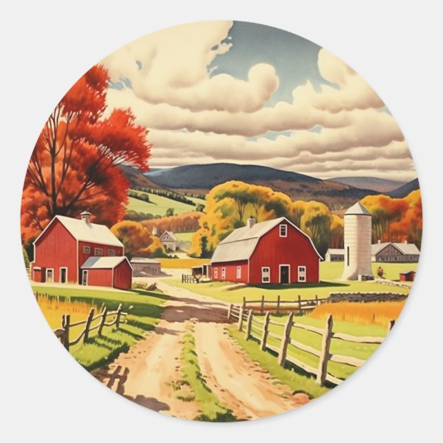 Pegatina Redonda Ilustracion Autumn Homestead (Anverso)