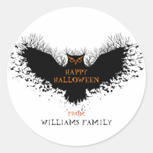 Pegatina Redonda Ilustracion Black Halloween Owl