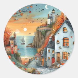 Pegatina Redonda Ilustracion caprichoso de la casa de otoño