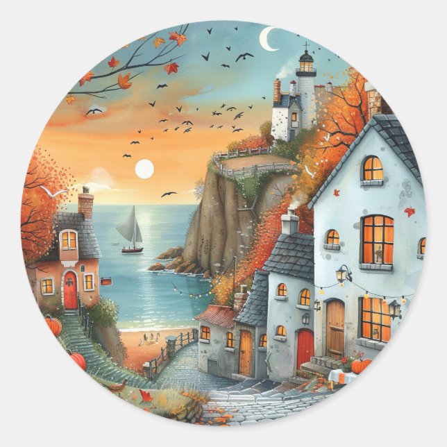 Pegatina Redonda Ilustracion caprichoso de la casa de otoño (Anverso)