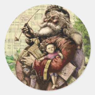 Pegatina Redonda Ilustracion clásico Merry Santa Claus Tree