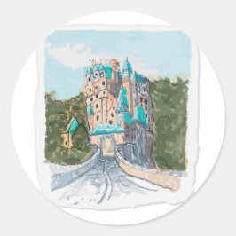 Pegatina Redonda Ilustración Colorida de Castillo