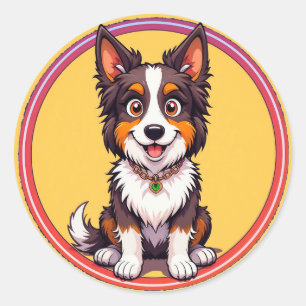 Pegatina Redonda Ilustración Colorida de Perro Feliz Sentado