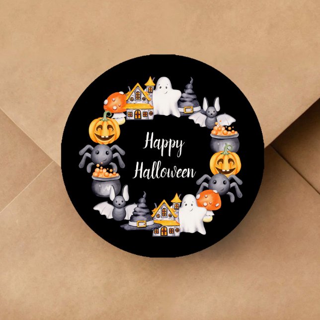 Pegatina Redonda Ilustracion Cute Black Happy Halloween (Cute Black Happy Halloween Illustration Classic Round Sticker)