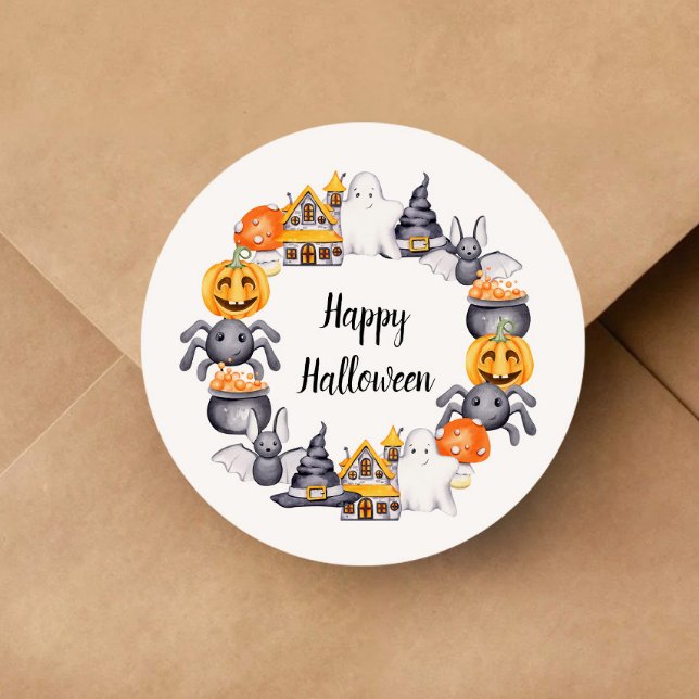 Pegatina Redonda Ilustracion Cute Happy Halloween (Cute Happy Halloween Illustration Classic Round Sticker)