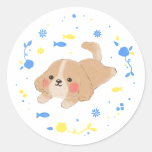 Pegatina Redonda Ilustracion Cute Happy Puppy