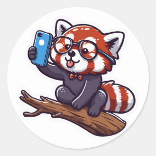 Pegatina Redonda Ilustracion Cute Red Panda Selfie