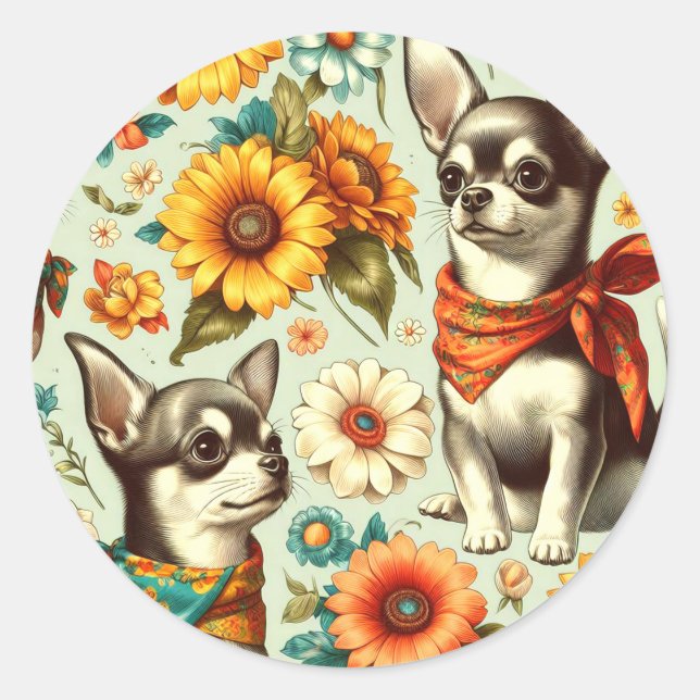Pegatina Redonda Ilustracion Cute Retro Chihuahua (Anverso)