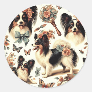 Pegatina Redonda Ilustracion Cute Vintage Papillon Dog