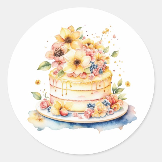 Pegatina Redonda Ilustracion de acuarela de cumpleaños o Boda (Anverso)