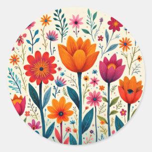 Pegatina Redonda Ilustración de arte de flores coloridas,