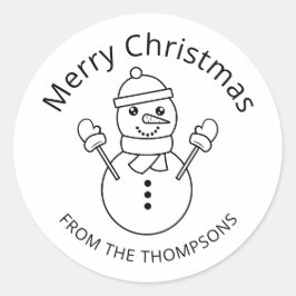 Pegatina Redonda Ilustracion De Arte De Línea Snowman Con Texto Per