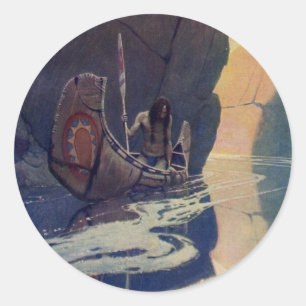 Pegatina Redonda Ilustración de arte de N. C. Wyeth de un indio rem